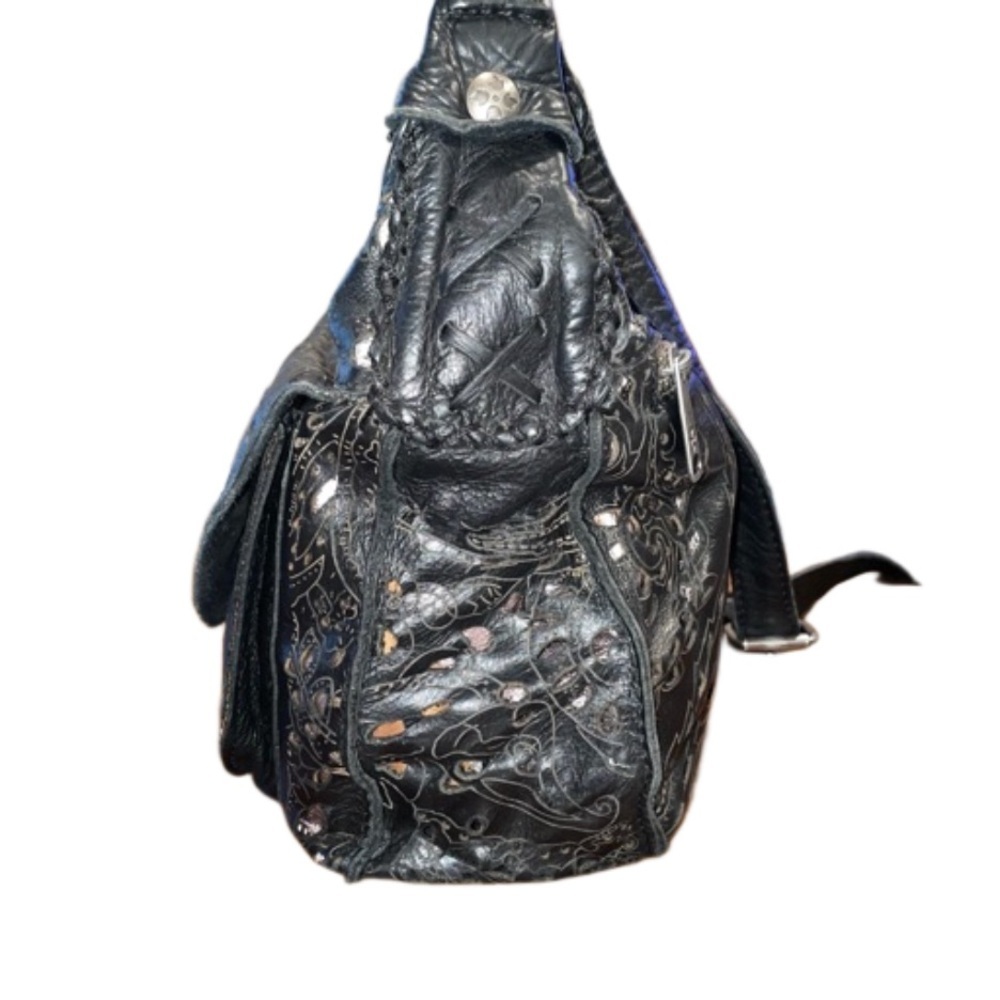 Patricia Nash embossed black leather bag cut outs reveal silver underneath. B5 - Picture 7 of 13